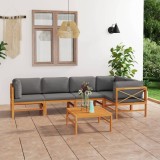 Cumpara ieftin Set mobilier grădină cu perne gri, 6 piese, lemn masiv de tec