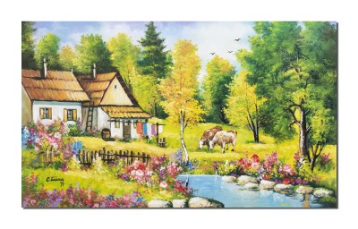 Tablou pictat manual, Amintiri din copilarie, gospodarie, 100x60cm ulei pe panza, Constantin Feraru foto
