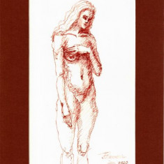 Sg1. Tablou in cerneala sangvina - Nud din fata semiprofil, original cu chenar