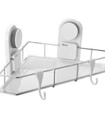 Etajera Colt Baie cu Ventuza, Alb Metalic, Waterproof, Raft Depozitare, Montare Fara Gaurire, 12x35x14 cm