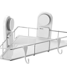 Etajera de colt cu ventuza, alb si metal, waterproof, pentru baie