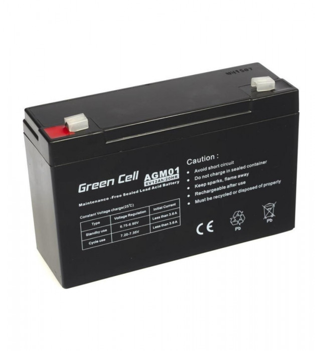 Baterie Green Cell 6V 12Ah (4.6mm) 12000mAh VRLA AGM