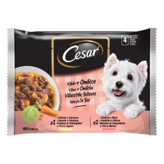 Hrana umeda caini, Cesar, plic 4 x 100 g, toate taliile, adult, selectii in sos