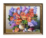 Cumpara ieftin Aranjament cu maci regali, liliac si carti, tablou inramat pictat manual 55x45cm ulei pe panza, Constantin Feraru