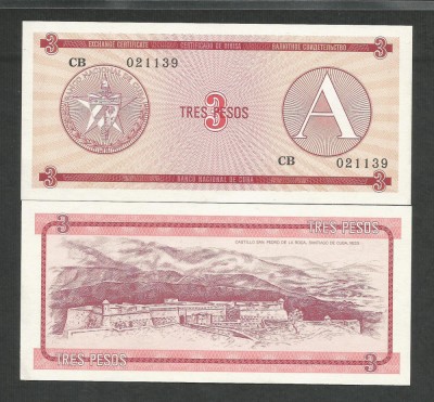 CUBA 3 PESOS 1985 UNC [1] Litera A , P- FX 2 , necirculata foto
