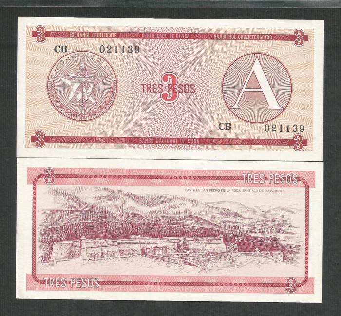 CUBA 3 PESOS 1985 UNC [1] Litera A , P- FX 2 , necirculata