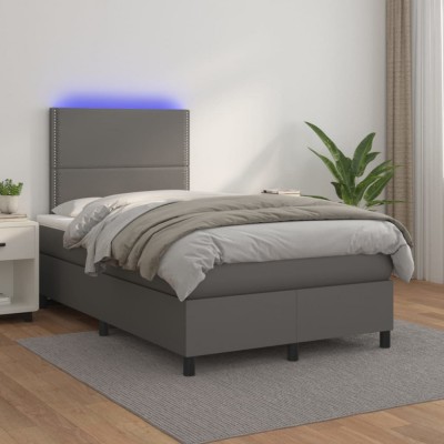vidaXL Pat cu arcuri, saltea și LED, gri, 120x200 cm, piele ecologică 3135877 foto