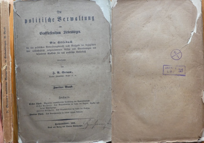 Grimm , Administratia politica din Transilvania , Hermannstadt , Sibiu , 1856