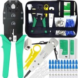 Cumpara ieftin Kit tester cabluri de retea negru 146 piese, trusa sertizare RJ45 RJ11 RJ12, tester cabluri Ethernet, cleste sertizare, accesorii complete in husa
