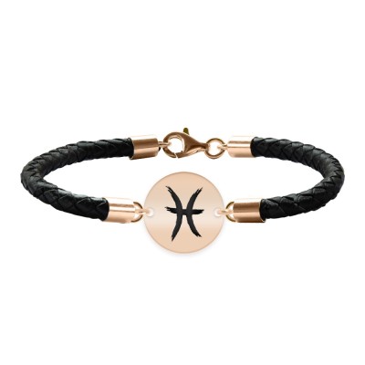 Bratara Premium din piele impletita si banut argint 925 placat cu aur Roz personalizat cu zodiac - Pesti foto