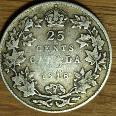 Canada -moneda de colectie argint 925- 25 cents 1918 -George V- f greu de gasit