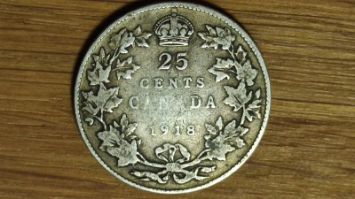 Canada -moneda de colectie argint 925- 25 cents 1918 -George V- f greu de gasit foto