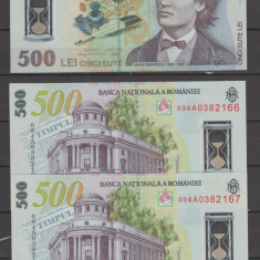 ROMANIA 500 LEI x 2 - 2005 (2009) M. EMINESCU -Polimer ,UNC - SERII CONSECUTIVE