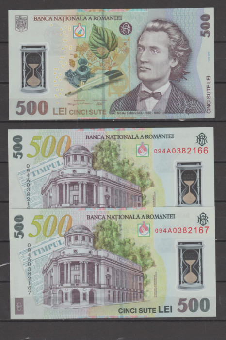 ROMANIA 500 LEI x 2 - 2005 (2009) M. EMINESCU -Polimer ,UNC - SERII CONSECUTIVE