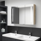 vidaXL Dulap Baie cu Oglindă &amp; LED, Alb/Stejar, 89x14x62cm, MDF, 3 Uși, 5 Rafturi
