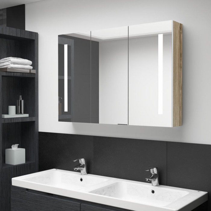 vidaXL Dulap de baie cu oglindă și LED, alb și stejar, 89x14x62 cm 326530