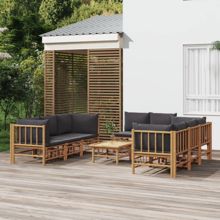 Set mobilier de gradina cu perne gri &icirc;nchis, 9 piese, bambus GartenMobel Dekor