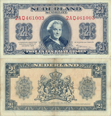 1945 ( 18 V ) , 2&amp;frac12; gulden ( P-71a.3 ) - Țările de Jos foto