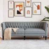 Canapea Chesterfield 3 locuri Gri Deschis Textil, 201.5 cm - Canapea Fixa Design Elegant pentru Living