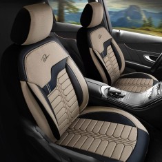 Set Huse Scaune Auto pentru Skoda Scala - Panda Londra, cu fermoare pentru bancheta rabatabila, bej - negru , 11 piese
