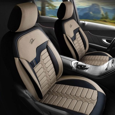 Set Huse Scaune Auto pentru Skoda Scala - Panda Londra, cu fermoare pentru bancheta rabatabila, bej - negru , 11 piese foto