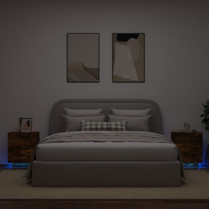 Gossi noptiere cu lumini led, 2 buc., stejar fumuriu, lemn prelucrat