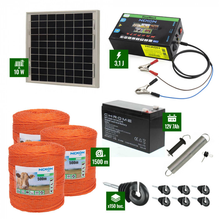 Pachet gard electric cu Panou solar 3,1J putere și 1500m Fir 90Kg cu acumulator