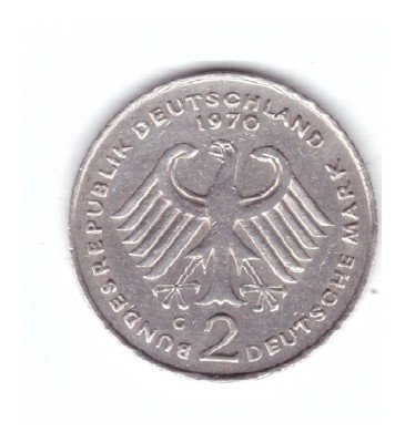 Moneda Germania 2 mark/marci 1970 G, Konrad Adenauer, stare buna, curata foto