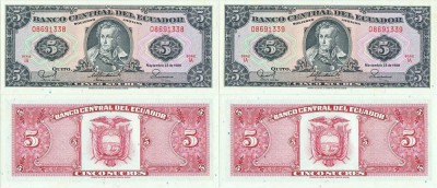 2 &amp;times; 1988 ( 22 XI ) , 5 sucres ( P-113d.1 ) - Ecuador - stare UNC foto