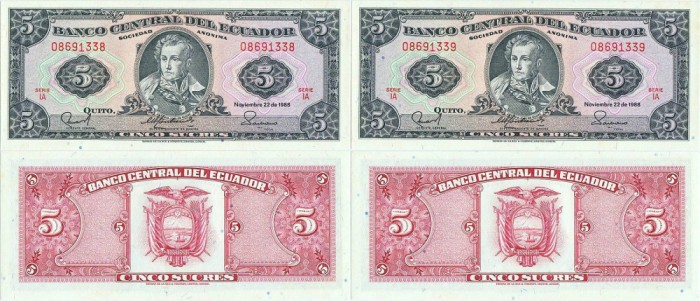 2 &times; 1988 ( 22 XI ) , 5 sucres ( P-113d.1 ) - Ecuador - stare UNC