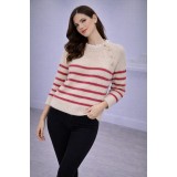 Bluza dama bej cu dungi roz si guler din dantela