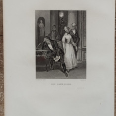 Les comediens// gravura de carte sec. XIX, A. Johannot pinx