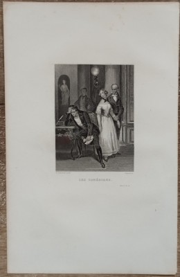 Les comediens// gravura de carte sec. XIX, A. Johannot pinx foto