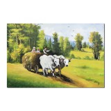 Tablou gigant pictat manual, Car cu boi, 120x80cm ulei pe panza, gata de agatat pe perete