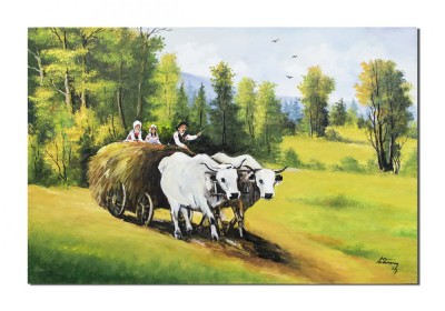 Tablou gigant pictat manual, Car cu boi, 120x80cm ulei pe panza, reproducere Nicolae Grigorescu foto