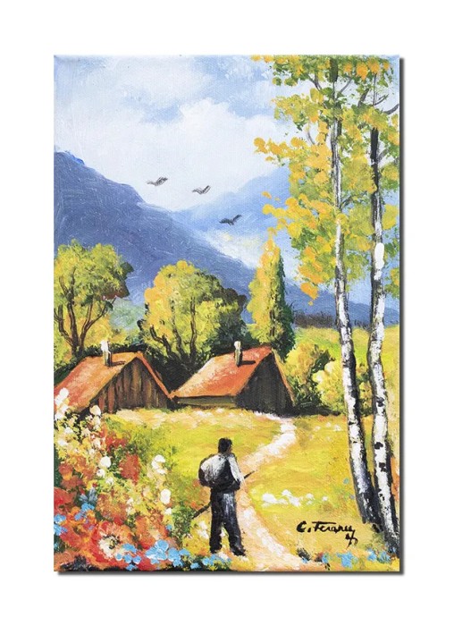 Tablou pictat manual, Peisaj de la munte, 30x20cm ulei pe panza, Constantin Feraru