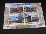 Bloc de Timbre Poștale Sierra Leone 2017 &ndash; &bdquo;African Trains&rdquo;, 4 Locomotive Moderne, colecție tematică feroviară, Transporturi, Stampilat