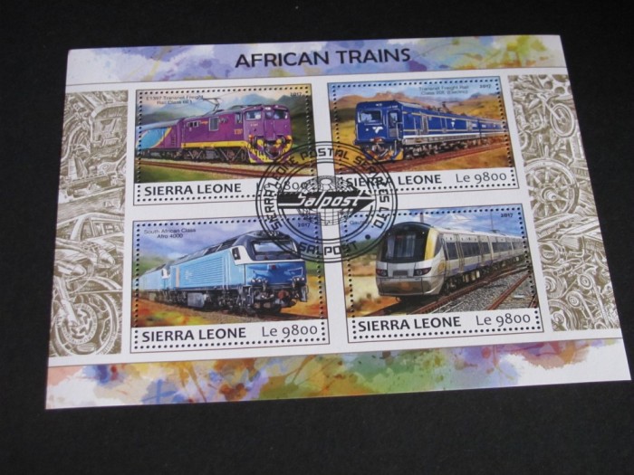 Bloc de Timbre Poștale Sierra Leone 2017 &ndash; &bdquo;African Trains&rdquo;, 4 Locomotive Moderne, colecție tematică feroviară