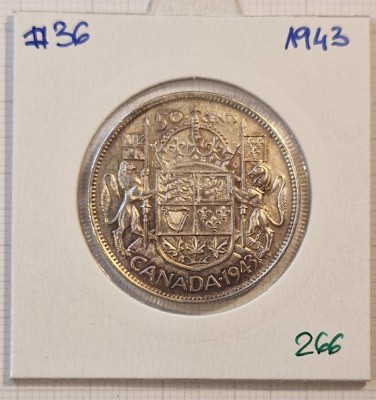 266, Canada 50 cents Centi 1943, KM#36, Argint, George VI, excelenta foto