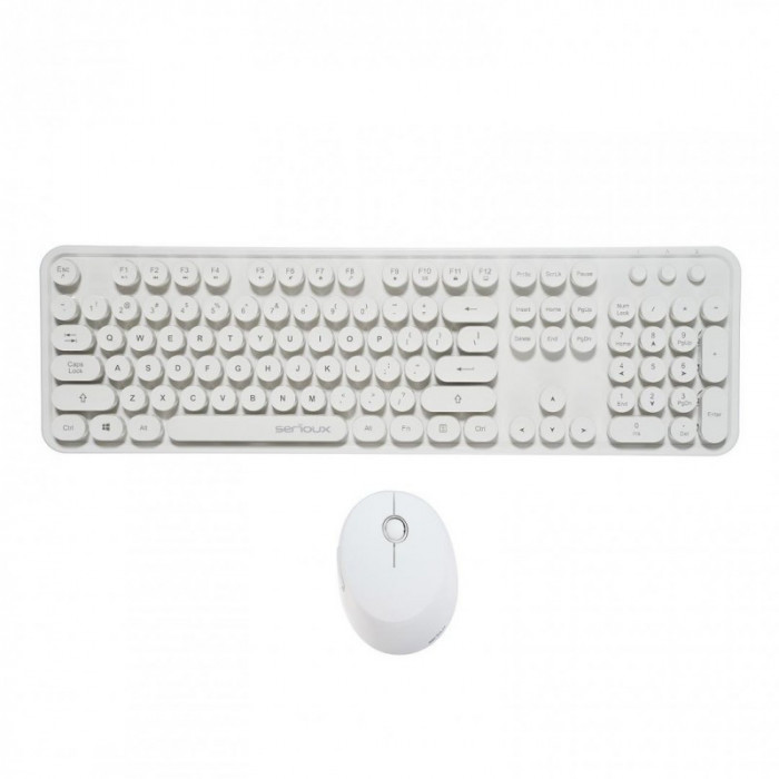 Kit Tastatura + Mouse Serioux Retro, Wireless 2.4 Ghz, Taste Numerice, USB, Receiver Nano, 1600 DPi ajustabili, Layout US, White