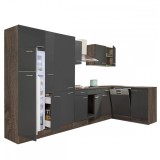 Unitate Bucatarie Colț Leziter Yorki 370, Corp Stejar, Față Antracit Satinat, 370cm, Frigider/Congelator Superior
