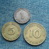 #110 - 1 + 5 + 10 Pfennig 1949 G Germania / lot 3 monede, Europa