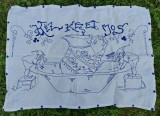 ** Peretar vechi cusut de mana pe panza, cu ata labastra, cu text in limba maghiara, Transilvania
