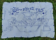 ** Peretar vechi cusut de mana pe panza, cu ata labastra, cu text in limba maghiara, Transilvania