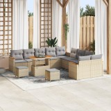 Set canapea gradina Gossi 13 piese cu perne bej din ratan sintetic acacia, set dining gradina Gossi 3 piese cu perne bej din ratan sintetic acacia