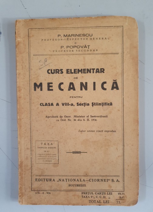 Curs elementar de mecanica pt cls. VIII, sectia stiintifica - P. Marinescu