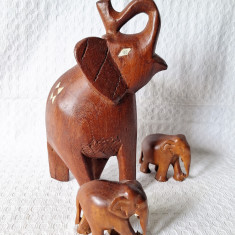 Arta africana statueta elefant cu pui sculptata in lemn, statuete decor-colectie
