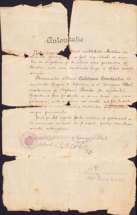 A2647N Autorizație de percheziție 1918 Garnizoana Pitești