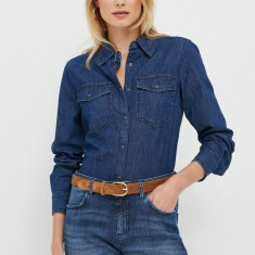 Sisley camasa jeans femei, culoarea albastru marin, cu guler clasic, regular