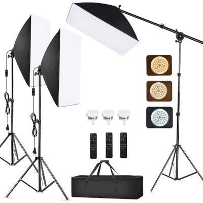 Kit de 3 softboxuri cu macara, 3 trepiezi reglabili 200 cm, 3 becuri LED 105W cu telecomanda si geanta transport foto